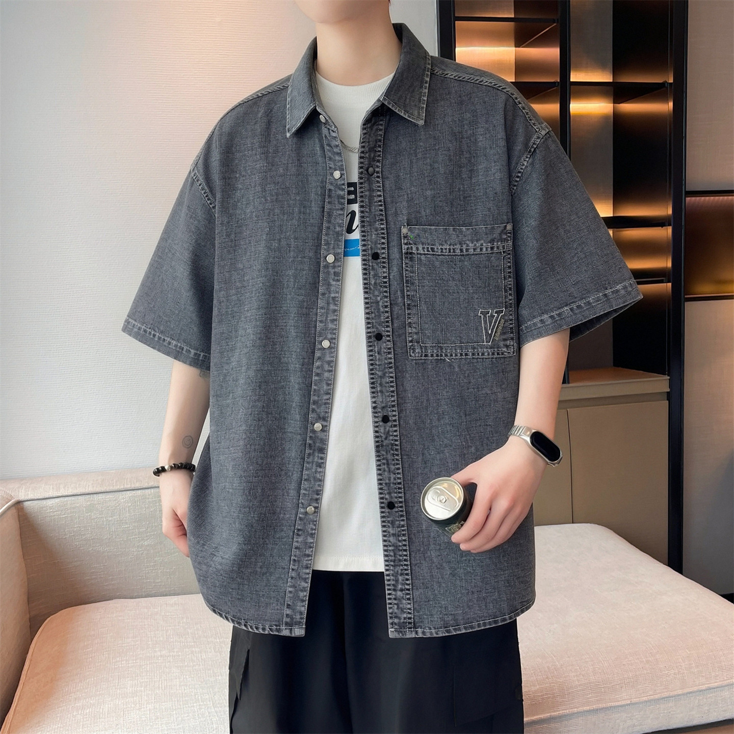 美式复古牛仔短袖衬衫男