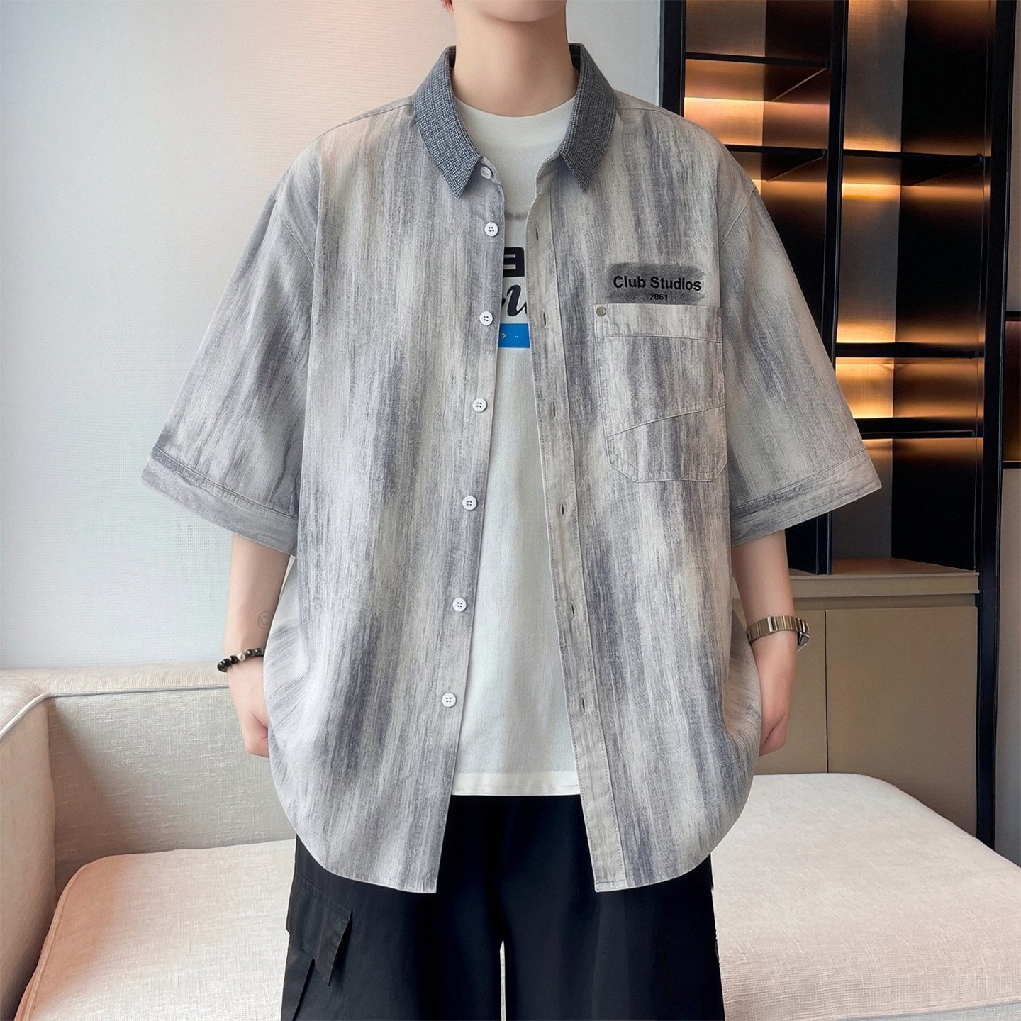 撞色翻领衬衫男夏季新款
