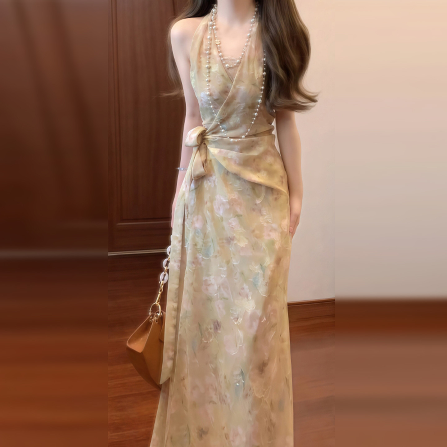 法式无袖挂颈吊带碎花洋