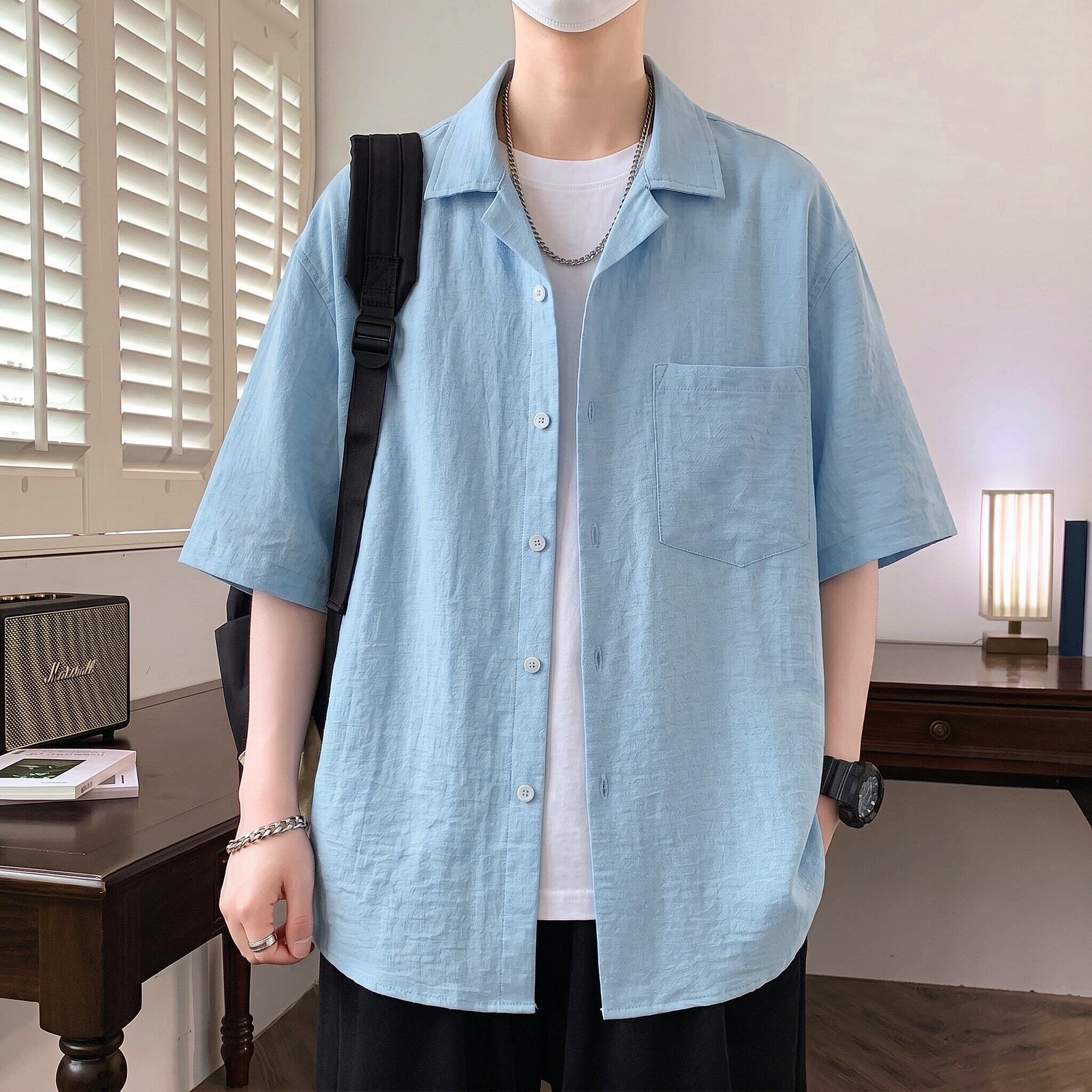 青少年蓝色短袖衬衫男夏