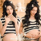 孕妇拍照新款 条纹文艺风复古写真休闲摄影艺术照服 影楼主题无袖