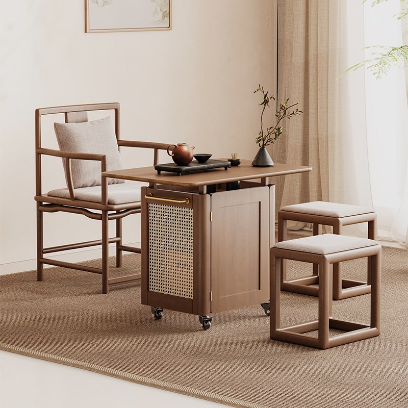 新中式实木可移动阳台茶桌t家用小户型简约藤编小型茶台2025新款