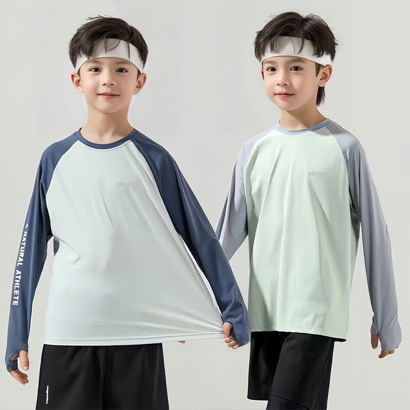 儿童长袖t恤男童运动速干衣防晒衫2024夏装薄款跑步训练服上衣潮