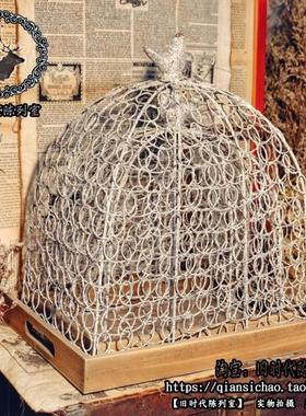 美式做旧铁艺+木托盘 鸟笼花笼 花托 橱窗酒吧咖啡厅陈列工艺品