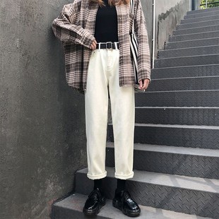 显瘦加绒阔腿老爹裤 高腰大码 女春秋直筒宽松2024新款 米白色牛仔裤