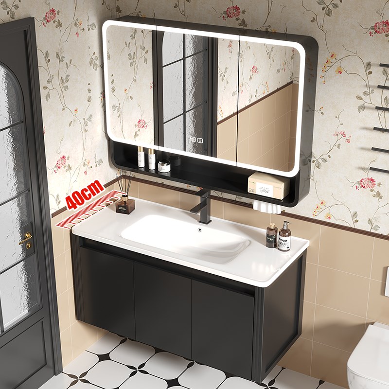 黑色浴室b柜40cm宽进深陶瓷一体盆卫生间洗手盆小户型极窄款蜂窝