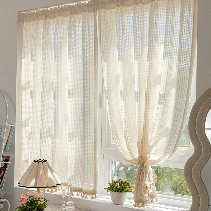 日式棉麻门帘隔断k法式田园流苏卧室窗帘隐私帘复古免打孔亚麻厨