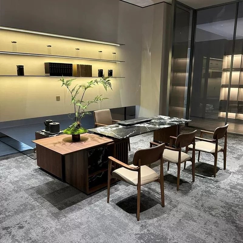 新中式实木岩板茶桌椅组合2025新款高J端北美黑胡桃木茶台现代简