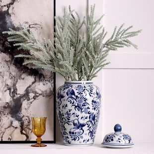 新中式青花瓷玄关摆件陶瓷花客厅落地法式插花花装饰陶瓷花