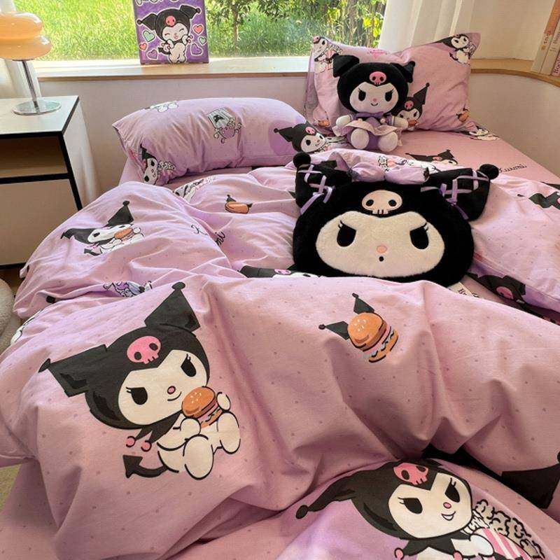 库洛米纯棉磨毛床上用品四件套全棉床笠儿童加厚床单人被套三件套