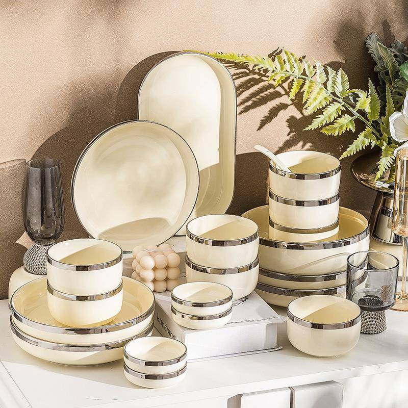 碗碟套装家用银边现代轻奢高级感网红爆款2022新款碗盘子碗具餐具
