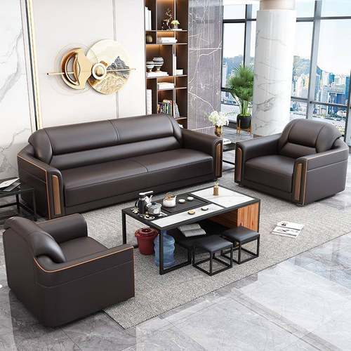 办公沙发商务接待室会客区三人位实木框架沙发新中式茶几组合套装