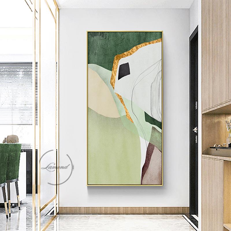 若春茵现代简约抽象色彩玄关装饰画走廊过道挂画竖版巨幅轻奢绿色
