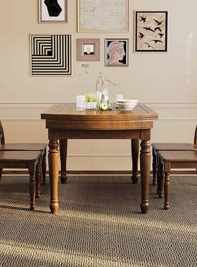 实木餐桌家用餐厅法式复古可伸缩折叠圆餐桌椅组合家具