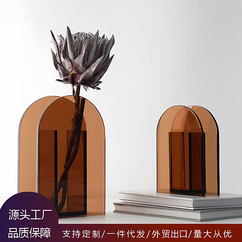 现代创意家居轻奢茶色透明玻璃花器客厅桌面花瓶软装饰品摆件