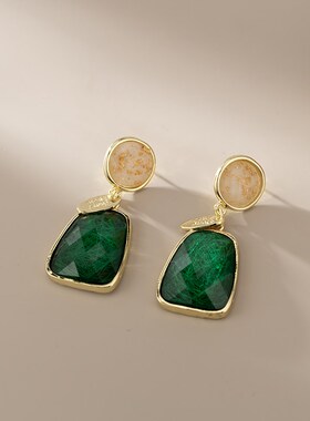 复古港风绿色几何高级感时尚气质轻奢耳钉耳环女蚊香盘耳夹无耳洞