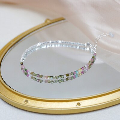 小众清新气质多巴胺彩色方糖碧玺碎银子手链纤细手环叠戴女50458