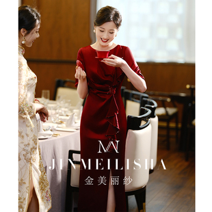 参加婚礼妈妈装礼服连衣裙夏季高端洋气酒红色喜婆婆礼服女小个子