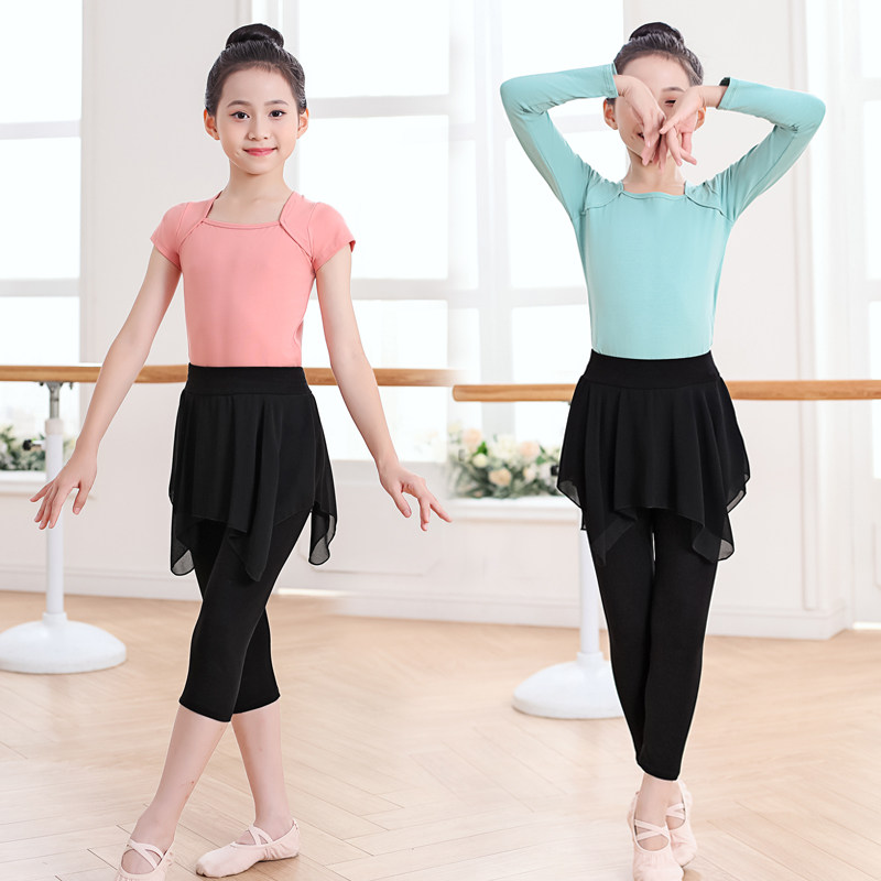 夏秋长短袖女大童练功舞蹈纯棉九分裙裤黑色少儿拉丁中国舞形体服