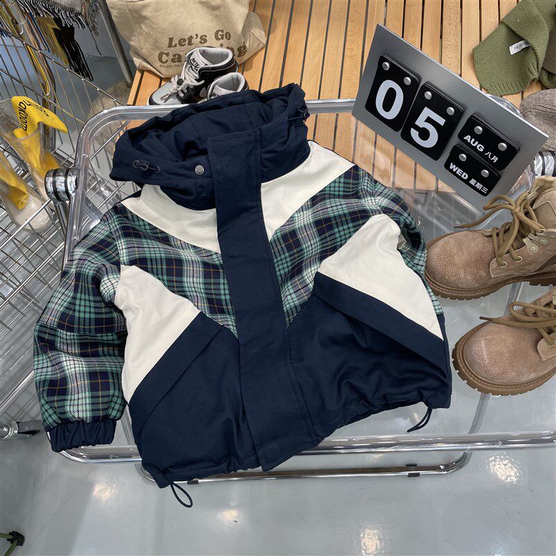 格子拼色拼接连帽棉衣外套风衣2024秋冬新款男童韩版棉服保暖亲子