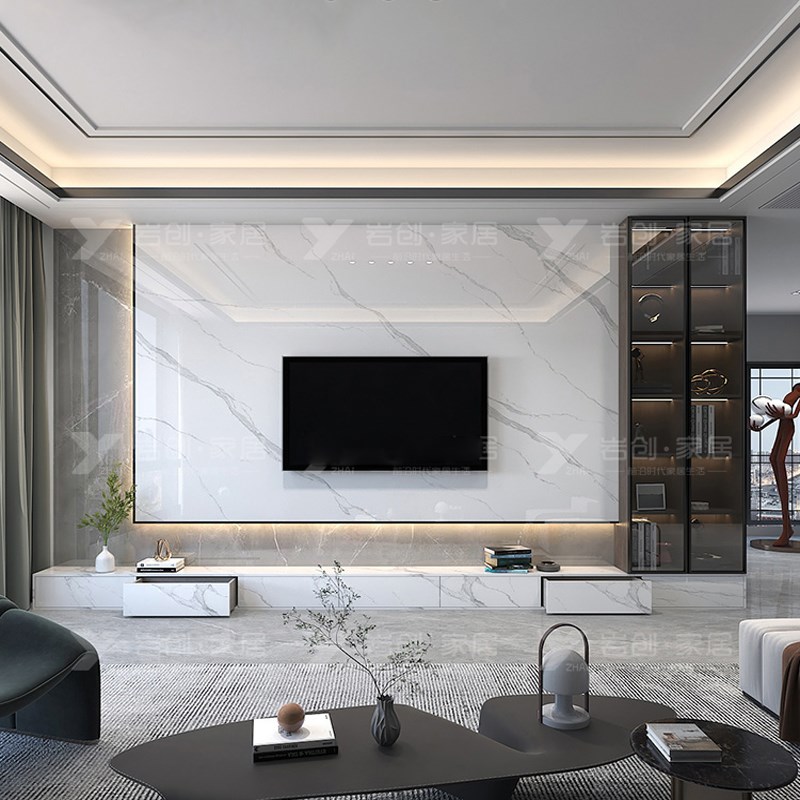 岩板悬空悬c浮电视背景墙2024新款现代大理石客厅轻奢石影视墙装