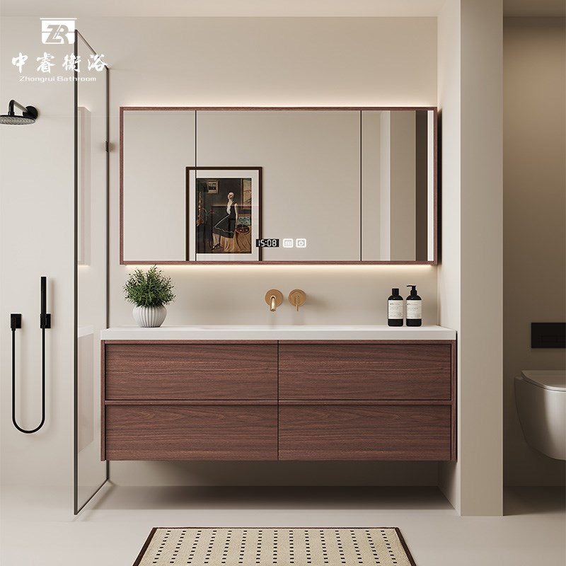 中古风骨骼线可丽耐岩q板热弯无缝一体盆浴室柜组合洗脸洗漱台定