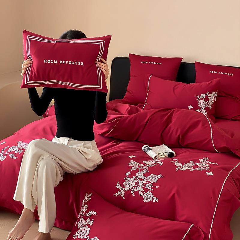 中古国风100S刺绣长绒棉四件套红色结婚喜庆纯棉被套床上新婚床品