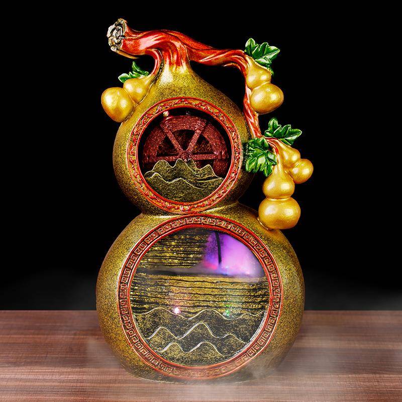 新款中式创意桌面摆件五福葫芦风水轮循环水加湿器玄关办公室摆件