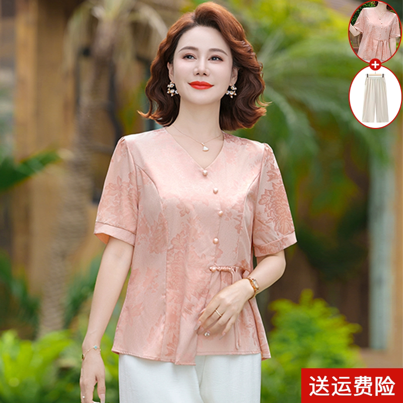 妈妈夏2025新款女装端庄大气套装中老年夏季雪纺上衣上衣服两件套