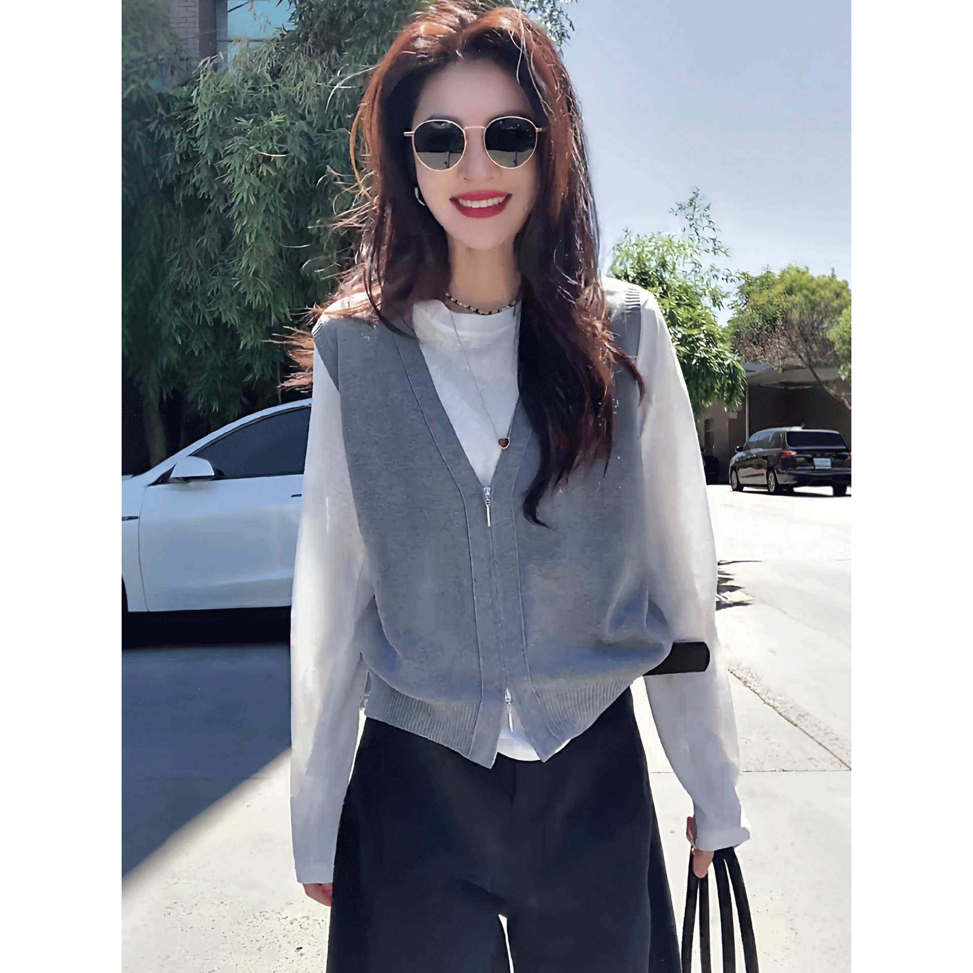 韩系早秋薄款穿搭针织衫女2025新款爆款针织马甲打底衫真两件上衣