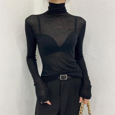 高领黑色打底衫女2025新款薄纱内搭透视网纱薄款微透上衣长袖t恤
