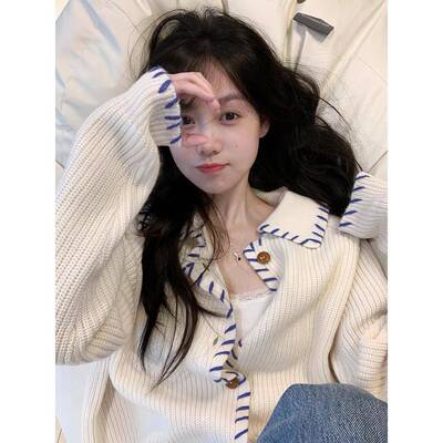 翻领撞色外穿毛衣外套女春季宽松慵懒高级感针织开衫设计感温柔风