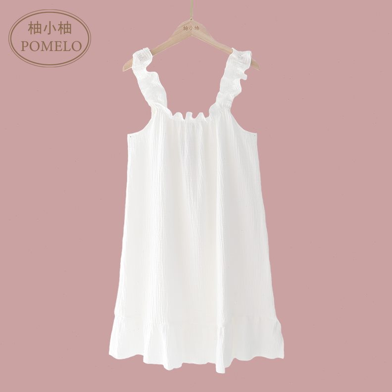 ins风少女夏薄纯棉纱布全棉甜纯色花边无袖中裙吊带裙家居服睡裙