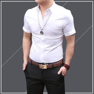 男士 衬衫 韩版 英伦修身 白衬衣潮 2021夏季 青年纯色商务休闲男装 短袖