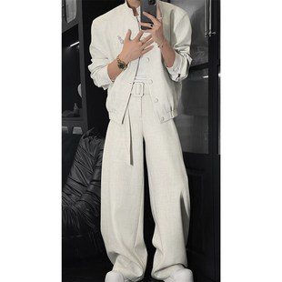 套装 潮流复古高级感胸针立领百搭夹克宽松弯刀长裤 新款 龙叨叨春季