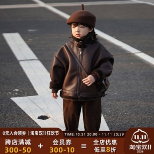 砚台家儿童冬装 男童立领皮夹克宝宝加绒外套中小童男孩皮衣加厚潮