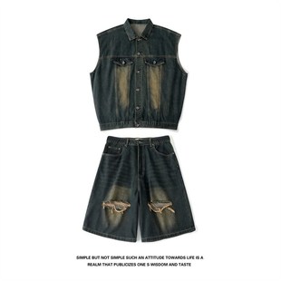 潮牌街头宽松百搭五分裤 牛仔马甲男夏季 一套搭配 做旧复古无袖 美式