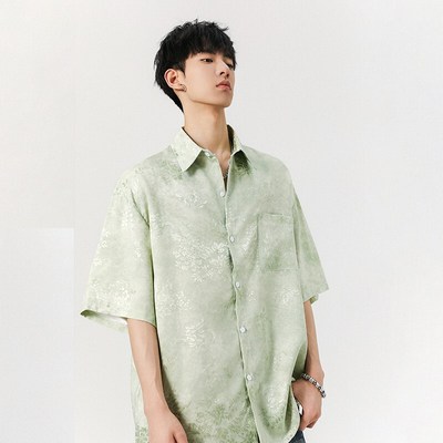 新中式浅绿色扎染花衬衫短袖男款夏季中国风复古冰丝衬衣提花T恤