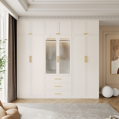 法式轻奢玻璃门奶油风衣柜家用卧室大衣橱储物实木组合定制衣帽间