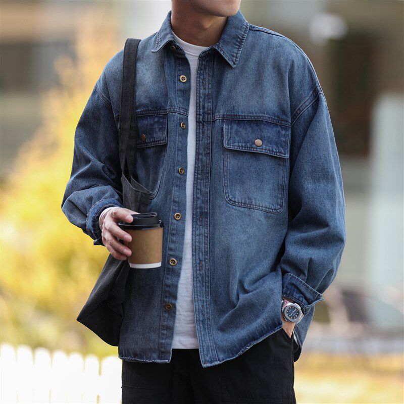 嘿马七作美式复古春秋款男士牛仔外套宽松休闲翻领工装夹克上衣潮