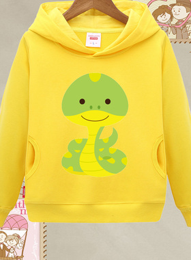 小蛇图案衣服儿童 男女童黄色加绒连帽衫宝宝秋冬卫衣幼儿园班服