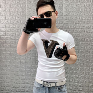 短袖 男装 男T恤修身 社会潮流上衣新款 圆领烫钻V字母半截袖 2020夏季