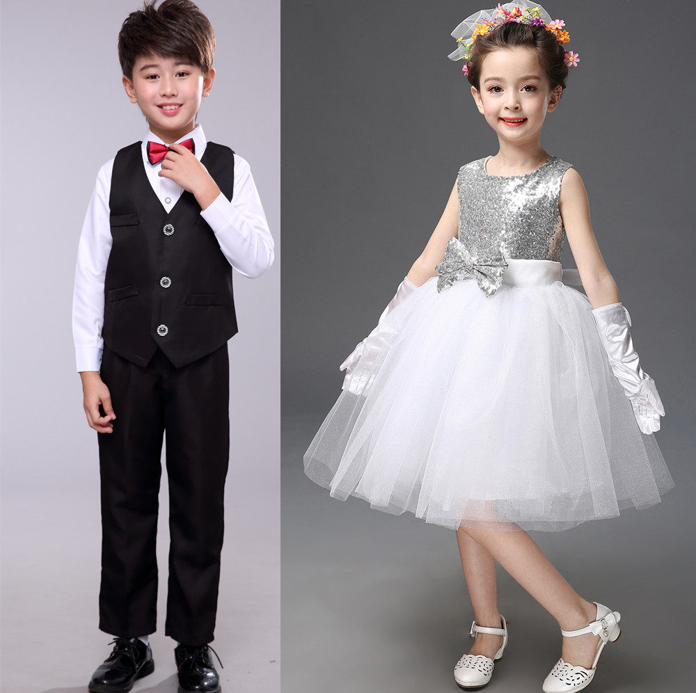 儿童亮片演出公主裙男女童白色蓬蓬纱裙幼儿园舞蹈大合唱表演服装