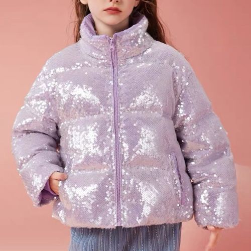A**女童超好看羽绒服90%绒女款2024新款儿童闪片紫色黑色外套短款