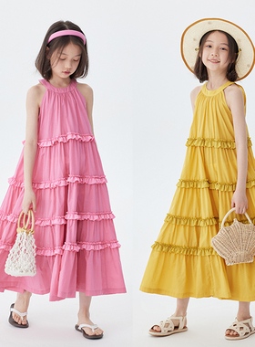 女童长款度假连衣裙夏季儿童多层花边蛋糕摆女大童挂脖背心公主裙