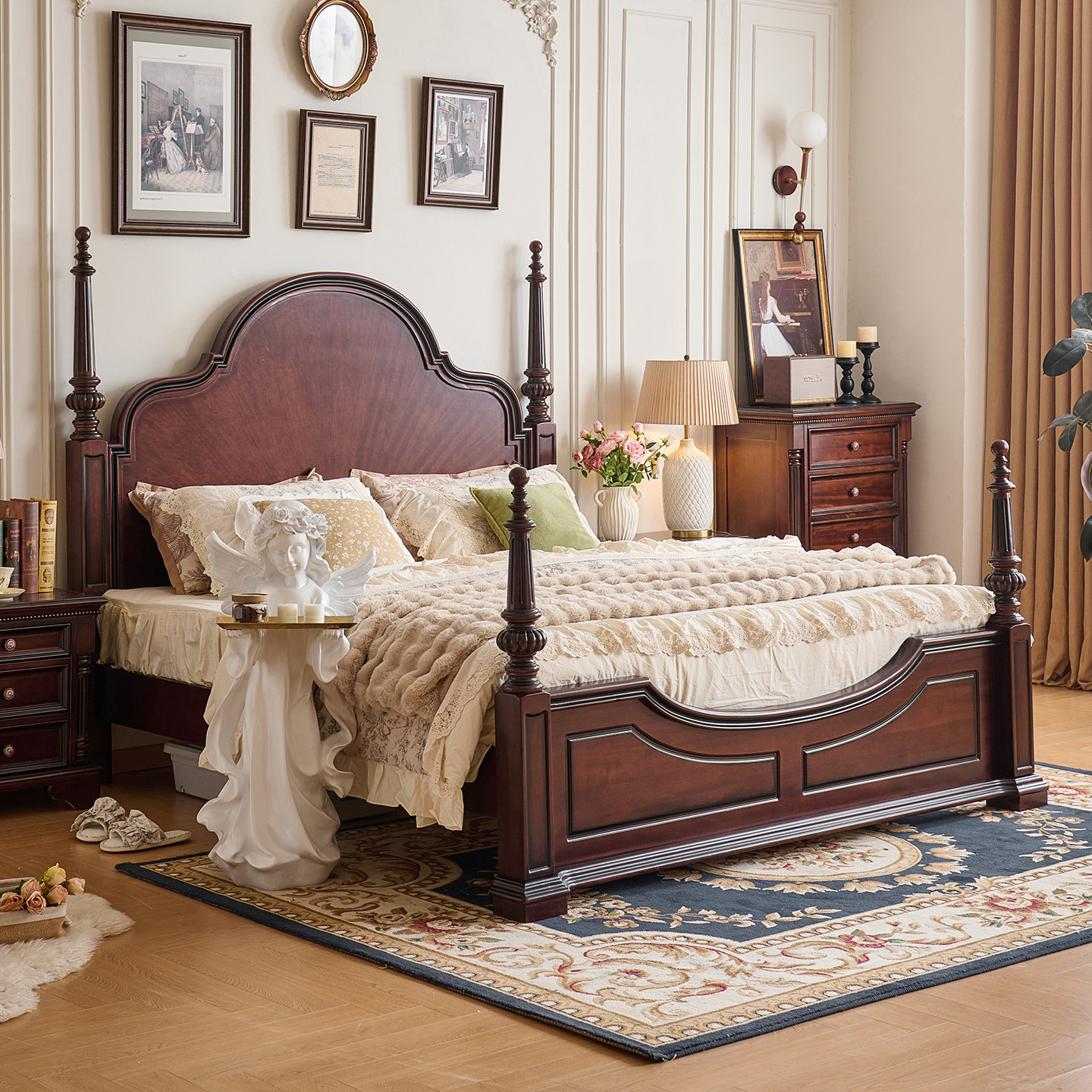 美式复古全实木胡桃木床乡村主卧家具1.8米法式双人床雕花古典
