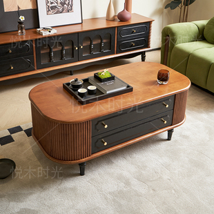 法式复古全实木诺森茶几中古风家用客厅小户型白蜡木椭圆形小茶桌