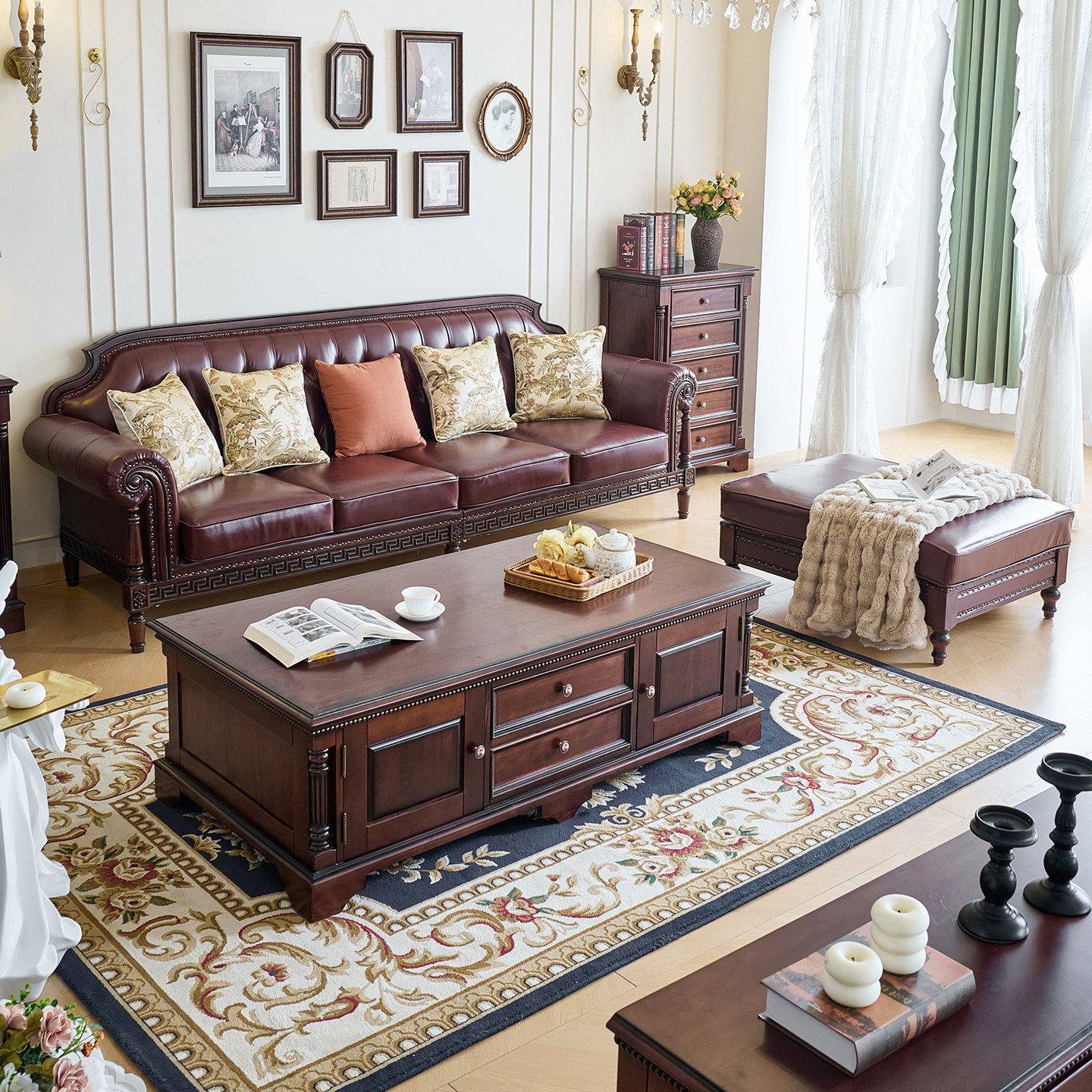 美式复古实木沙发胡桃木真皮中古风客厅家具贵妃位四人位套装沙发