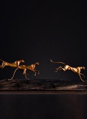 中式黄铜豹子摆件创意三只小工艺品办公室家居书桌装饰品黄铜工艺