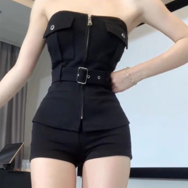 韩系酒吧辣妹高级感套装女夏季新款洋气拉链黑色抹胸裹胸上衣短裤,女装/女士精品,时尚套装,淘宝优惠券,粉丝福利购,淘宝优惠卷